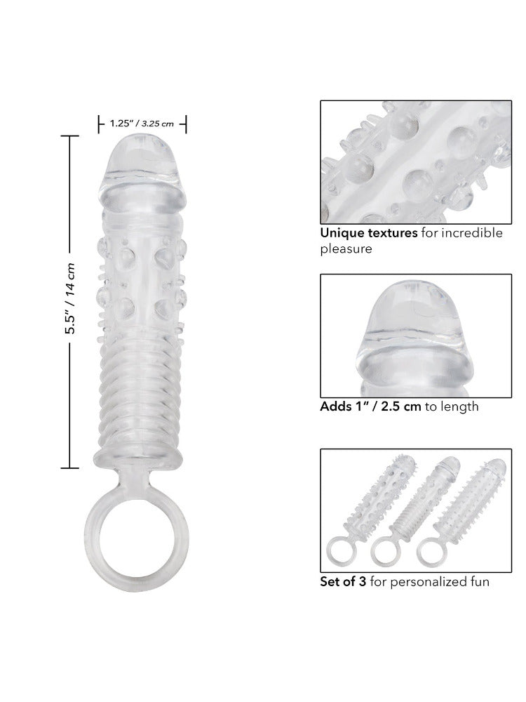 3 Piece Textured Penis Extension Sleeve Set More Toys CalExotics Clear