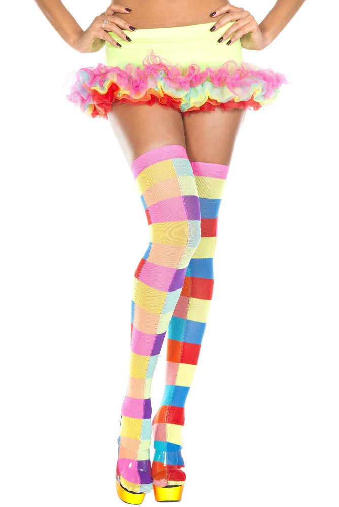 Neon Rectangular Checker Print Thigh Highs Lingerie Music Legs Checkered Rainbow One Size