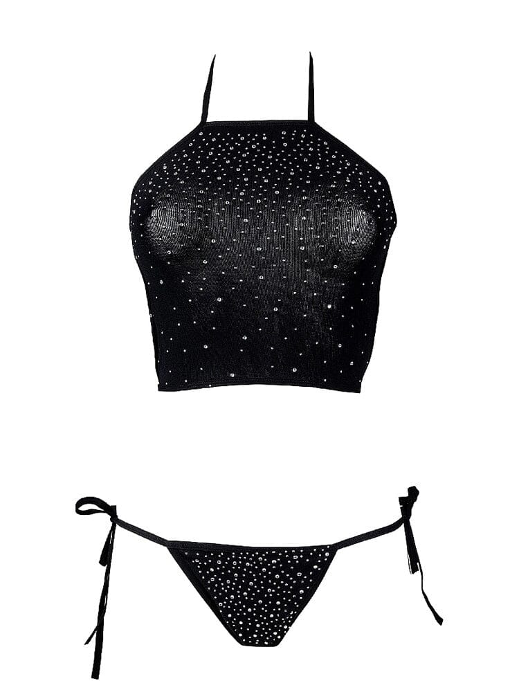 Festive Rhinestone Black Crop Top and Thongs Set O/S