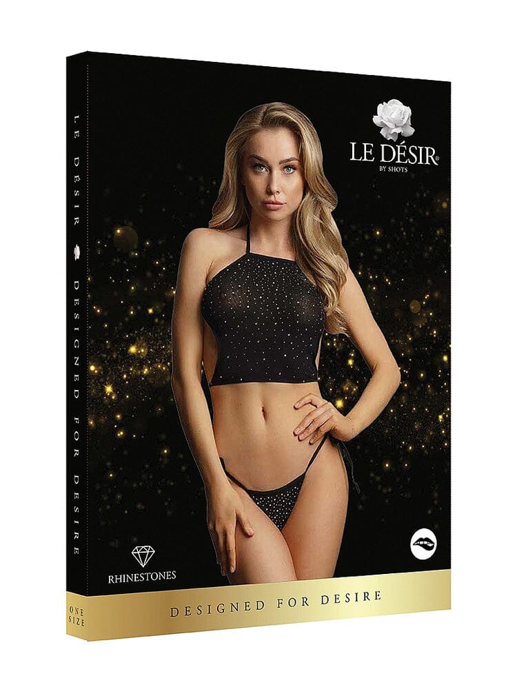 Festive Rhinestone Black Crop Top and Thongs Set O/S