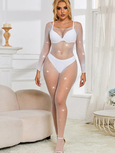 Fishnet Diamonds Long Sleeve Bodystocking - White OS