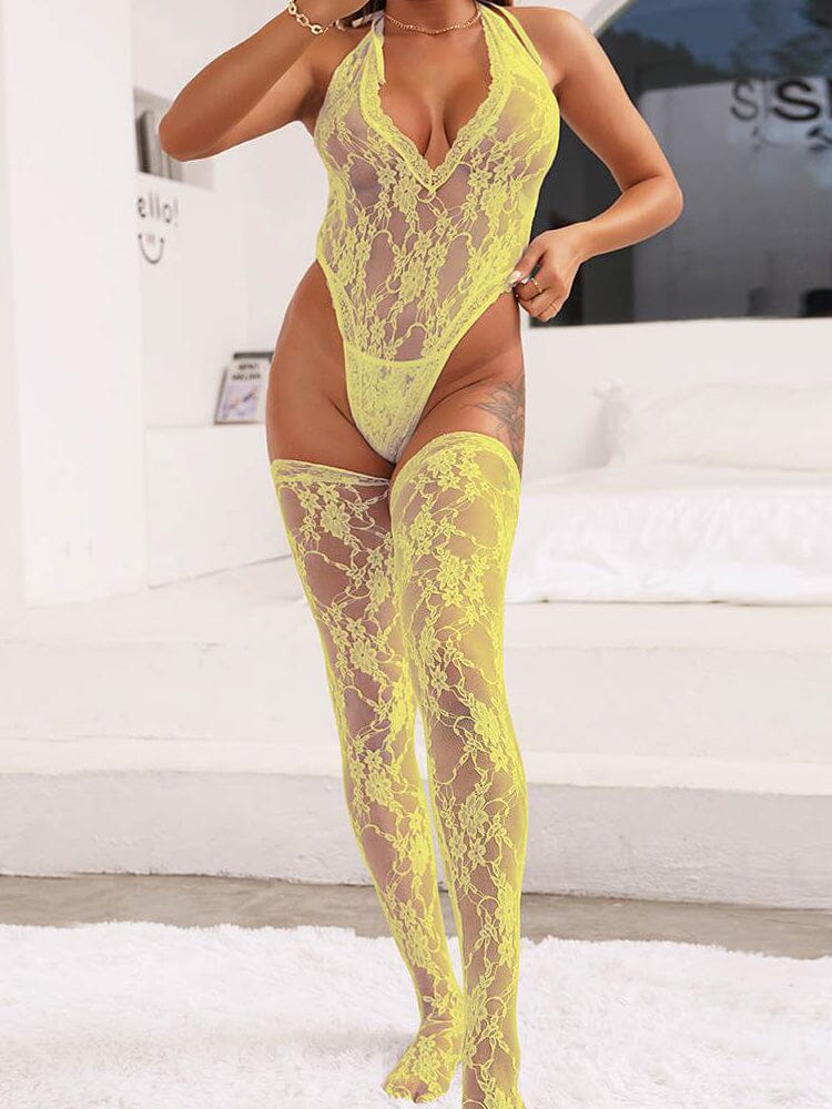 Halter V Neckline Teddy with the Stockings - Yellow OSXL
