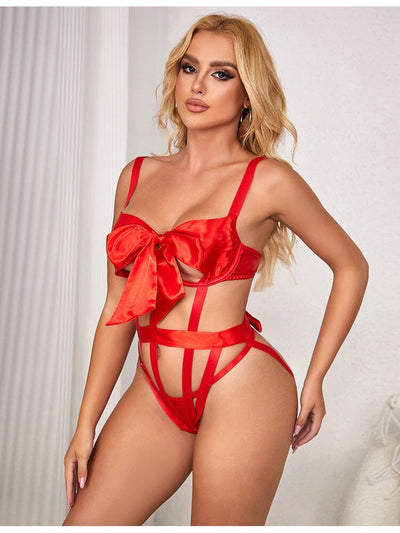 Hollow Out Bow Tie Bodysuit - Red 1X/2X