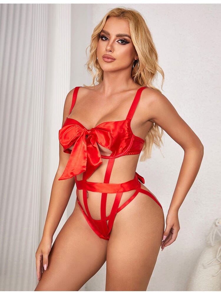 Hollow Out Bow Tie Bodysuit - Red 2X/3X