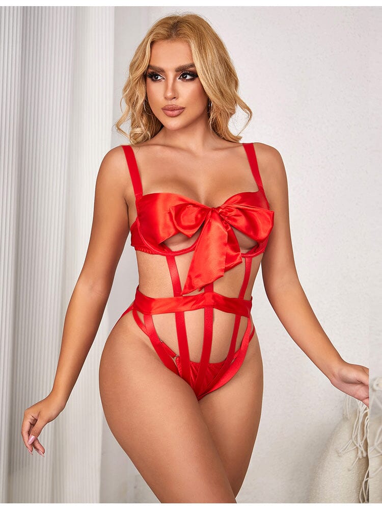 Hollow Out Bow Tie Bodysuit - Red 2X/3X