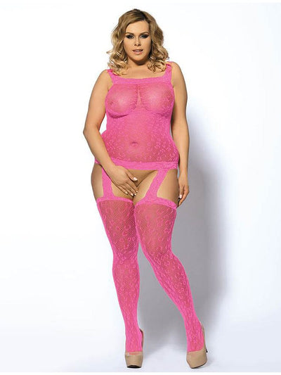 Leopard Patterned Garter Pink Bodystocking - Pink OSXL