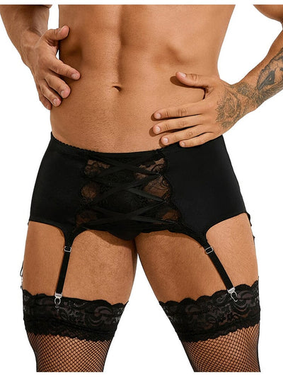 Men's Garter Panty With Lace Straps - Black L