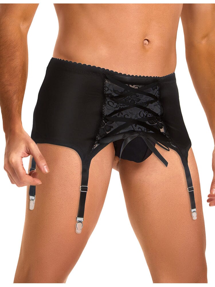 Men's Garter Panty With Lace Straps - Black M