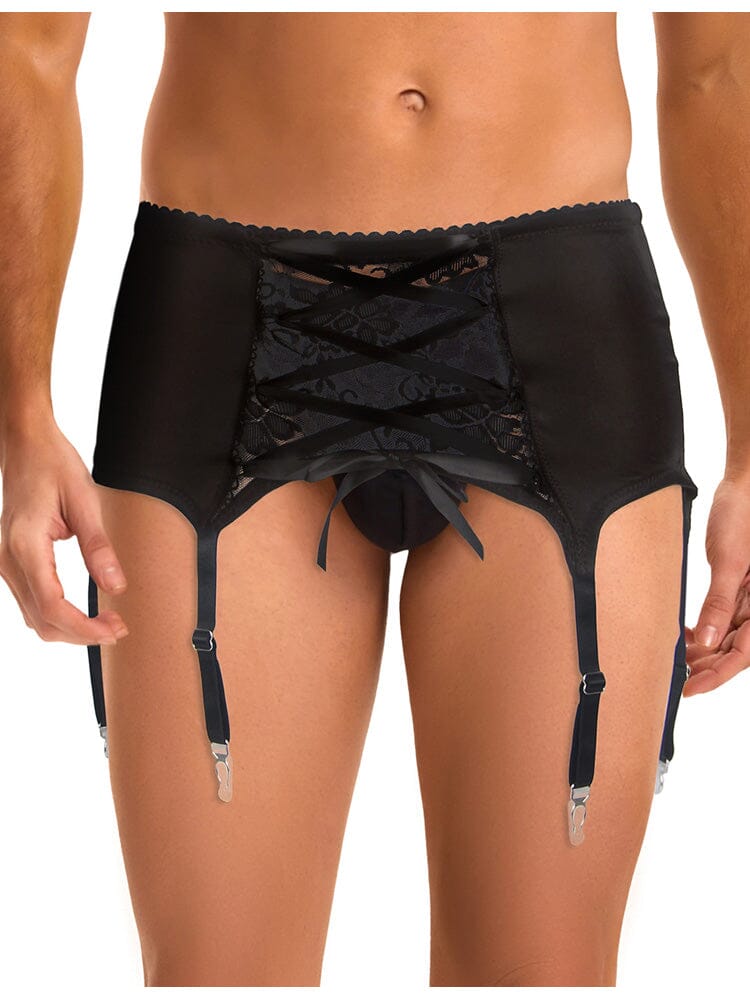 Men's Garter Panty With Lace Straps - Black M