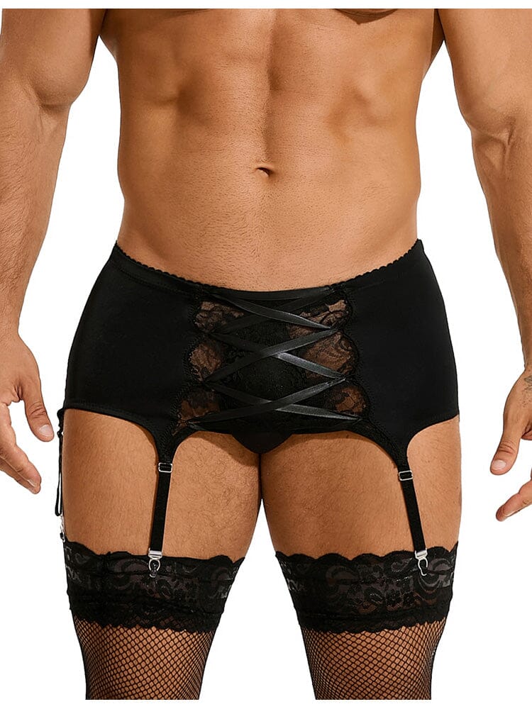Men's Garter Panty With Lace Straps - Black XL