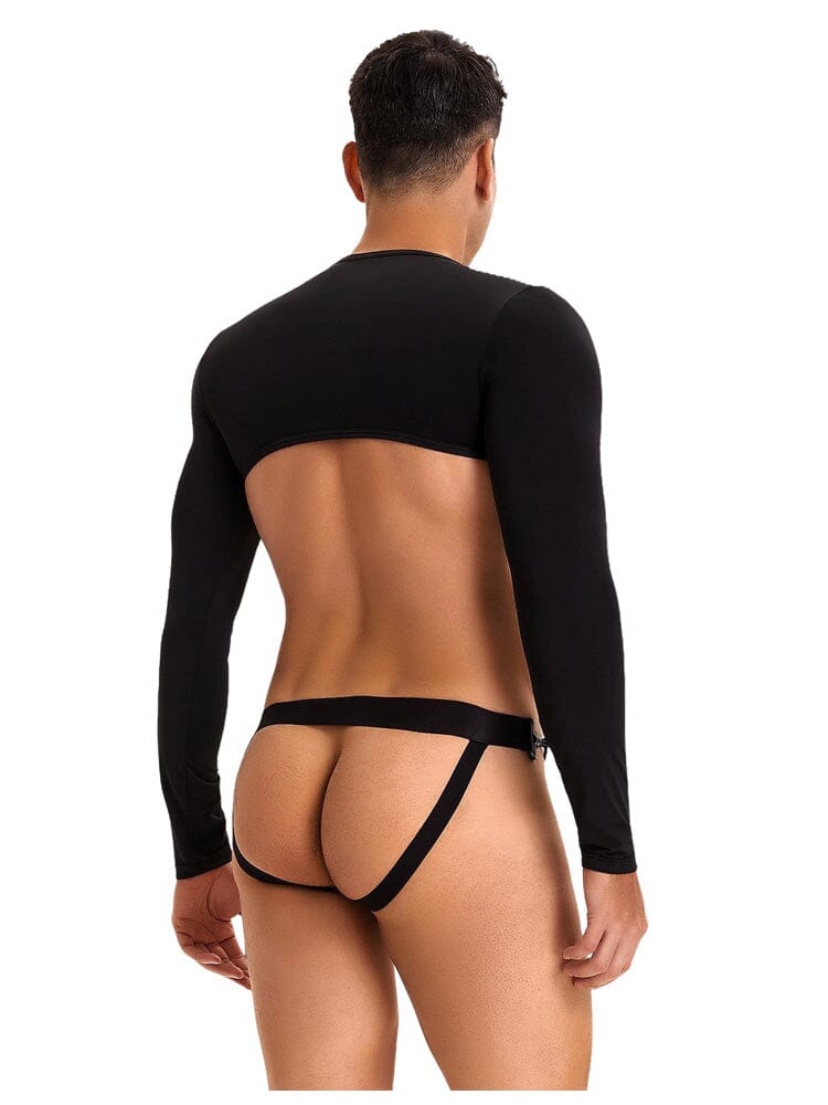 Men's Ice Silk Long Sleeves Crop Top With Thongs - Black L/XL