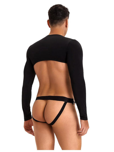 Men's Ice Silk Long Sleeves Crop Top With Thongs - Black L/XL