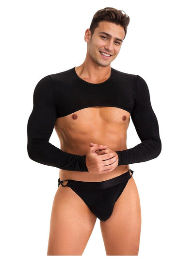 Men's Ice Silk Long Sleeves Crop Top With Thongs - Black L/XL