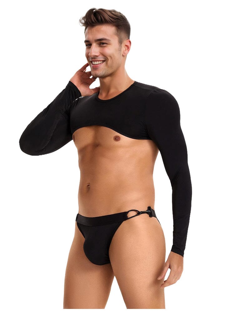 Men's Ice Silk Long Sleeves Crop Top With Thongs - Black M/L