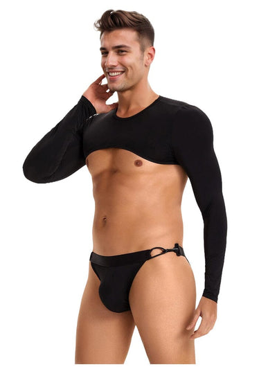 Men's Ice Silk Long Sleeves Crop Top With Thongs - Black M/L