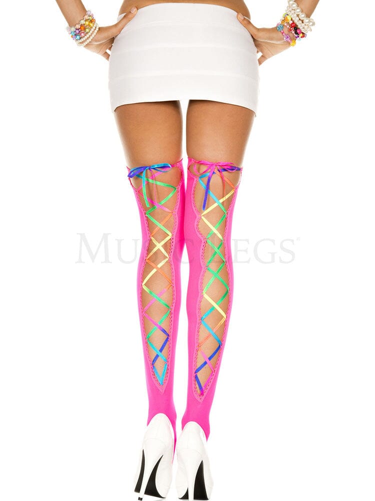 Rainbow Ribbon Lacing Opaque Thigh Highs