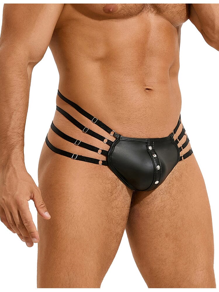 Sexy Leather Adjustable Elastic Bands Men's Thong - Black L/XL