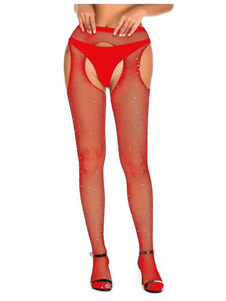 Sexy Rhinestone Crotchless Fishnet Pantyhose - Red OS