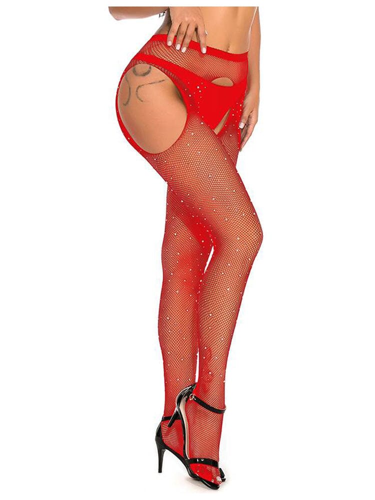 Sexy Rhinestone Crotchless Fishnet Pantyhose - Red OS