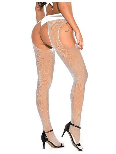 Sexy Rhinestone Crotchless Fishnet Pantyhose - White OS