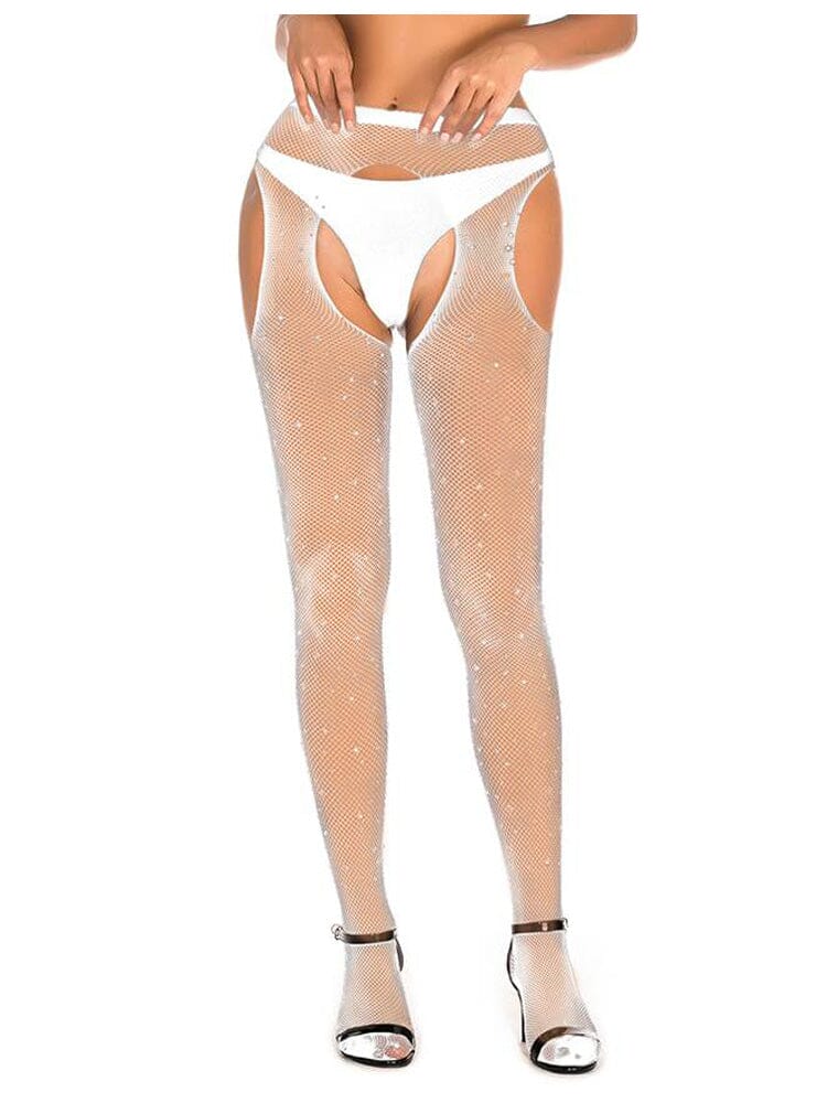 Sexy Rhinestone Crotchless Fishnet Pantyhose - White OS