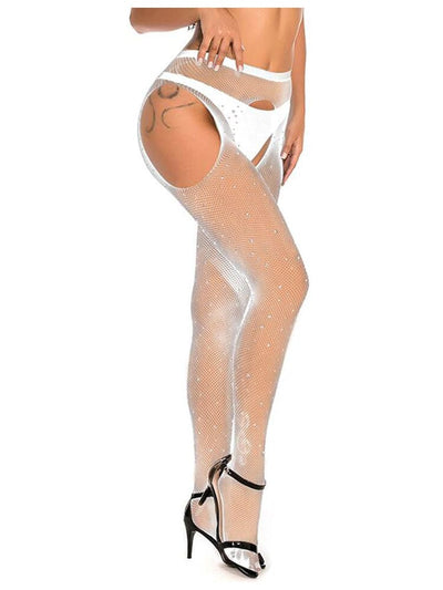 Sexy Rhinestone Crotchless Fishnet Pantyhose - White OS