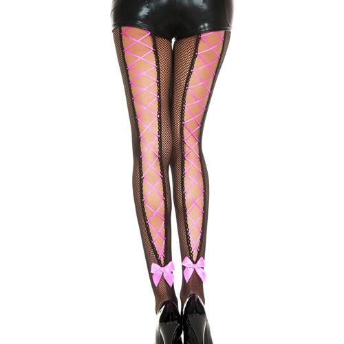 Corset Ribbon Lace Up Fishnet Pantyhose Lingerie Music Legs One Size Black/Pink
