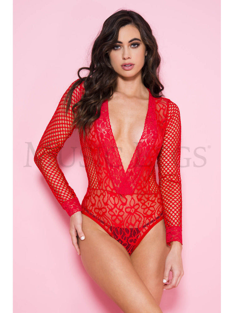 Fishnet and Flower Lace Teddy Lingerie Music Legs Red 