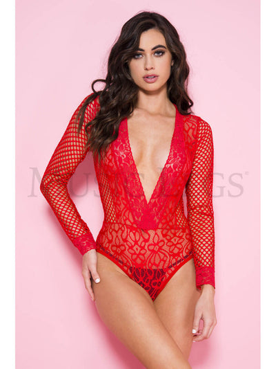 Fishnet and Flower Lace Teddy Lingerie Music Legs Red 