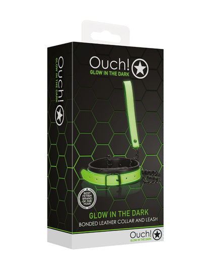 OUCH! Glow In The Dark Collar and Leash Bondage & Fetish Shots America Blaclk/Green