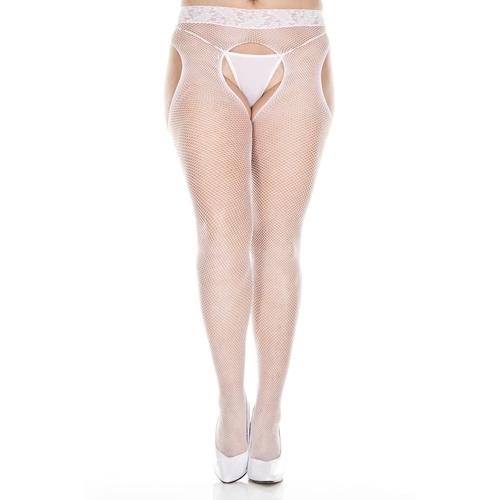 Seamless Lace Waist Fishnet Pantyhose Lingerie Music Legs One Size Plus White