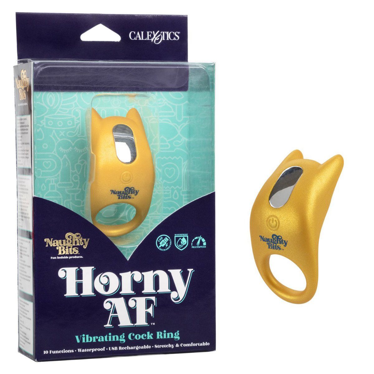 Naughty Bits Horny AF Vibrating Cock Ring  More Toys California Exotic Novelties Gold