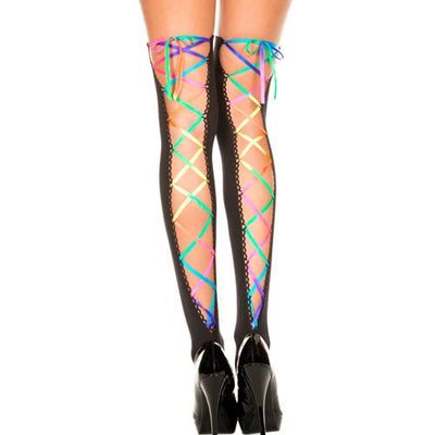Rainbow Ribbon Lacing Opaque Thigh Highs Lingerie Music Legs Black/Rainbow One Size 
