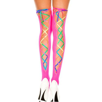 Rainbow Ribbon Lacing Opaque Thigh Highs Lingerie Music Legs Pink/Rainbow One Size 