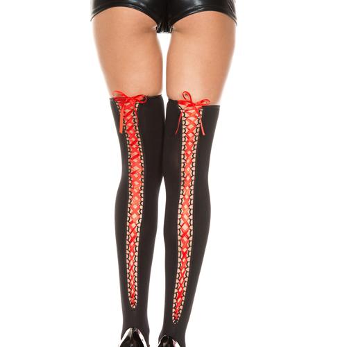 Ribbon Lace Up Opaque Thigh High Stockings Lingerie Music Legs Black/Red One Size