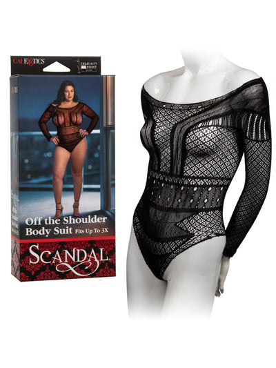 Scandal Off The Shoulder Lace Body Suit Lingerie CalExotics Black One Size Plus