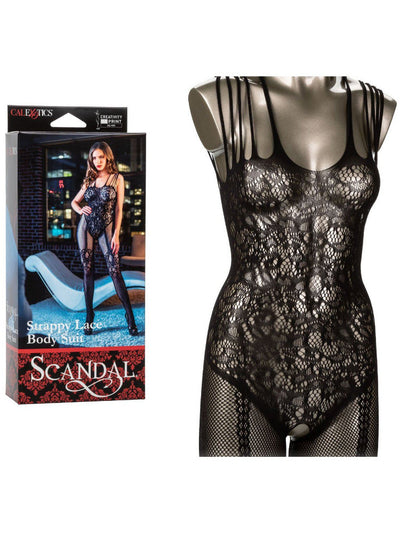 Scandal Lace Strappy Crotchless Body Suit Lingerie CalExotics Black One Size